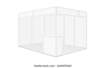Exhibition booth mockup with table - side view. Vector illustration
