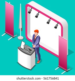 Exhibition Booth Stand Trade Show Man Promotion Desk Roll Up Display Panel. 3D Isometric People Trade Show Icon Set. Creative Design Vector Illustration Collection