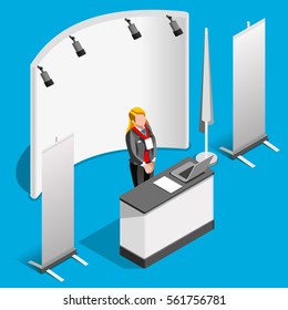 Exhibition Booth Stand Woman Promotion Desk Roll Up Display Panel. 3D Isometric People Trade Show Stand Icon Set. Creative Design Vector Illustration Stand Collection