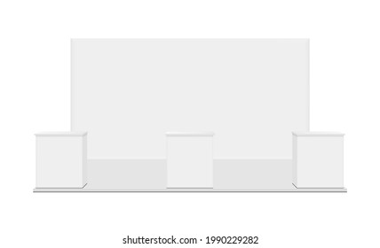 Exhibition Booth with Tables Isolated on White Background, Front View. Vector Illustration