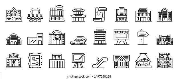 Exhibition center icons set. Outline set of exhibition center vector icons for web design isolated on white background