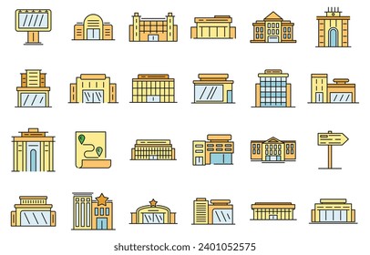 Exhibition center icons set. Outline set of exhibition center vector icons thin line color flat on white