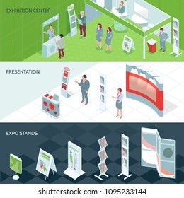 Exhibition center isometric banners with expo stands set and people who came on presentation vector illustration