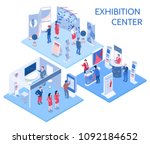 Exhibition center isometric compositions with people looking at expo stands  in gallery hall and communicating with staff vector illustration