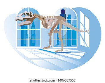 Exhibition Center. Vector Illustratio . Dinosaur in Background Window in Museum. Visit History Exhibition. Watch Exclusive Exhibits. View from Back. Dinosaur Skeleton in Anthropological Museum.