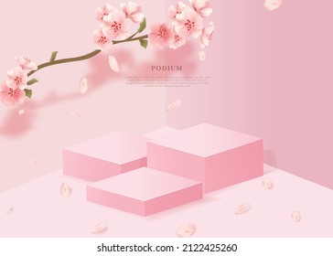 Exhibition with cherry blossoms Wooden display platform Podium 
