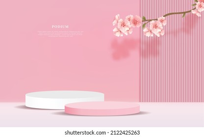 Exhibition with cherry blossoms Wooden display platform Podium 