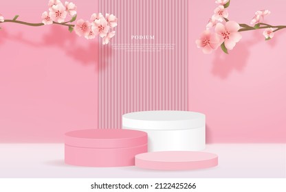 Exhibition with cherry blossoms Wooden display platform Podium 