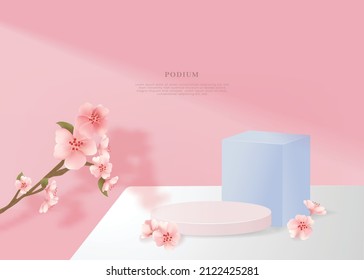 Exhibition with cherry blossoms Wooden display platform Podium 