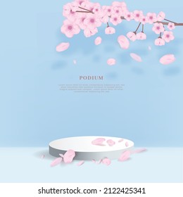 Exhibition with cherry blossoms Wooden display platform Podium 