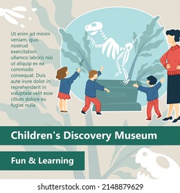 Exhibition For Children In School, Discovery Museum For Kids. Fossils And Skeletons Of Ancient Creatures And Dinosaurs, Paleontology And History Excursion With Teachers. Vector In Flat Style