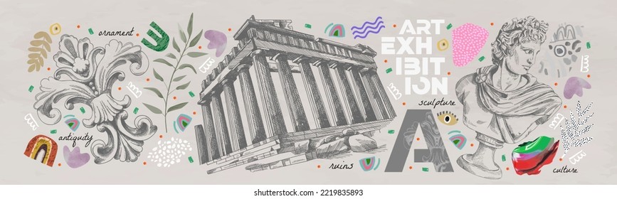 Exhibition, classic and antiquity. Vector illustrations of abstract shapes, temple, ancient greek column, ancient ruins, goddess sculpture and bust for background, flyer or poster
