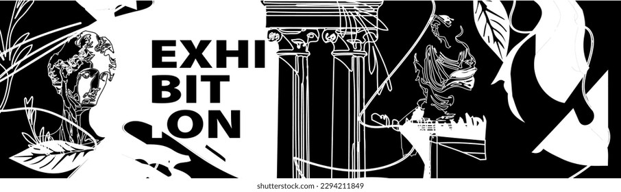 Exhibition, classics and antiquity. Art  Vector illustrations of abstract shapes, ancient greek column, ancient ruins, goddess sculpture and bust for background, flyer or poster modern print 
