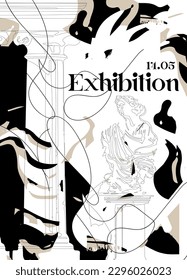 Ausstellung, Klassik und Antike. Illustrationen von Kunst-Vektorgrafiken abstrakter Formen, alte griechische Kolumne, alte Ruinen, Göttin-Skulptur und Bust auf Hintergrund, Flyer oder Poster, moderne Druckschrift 
