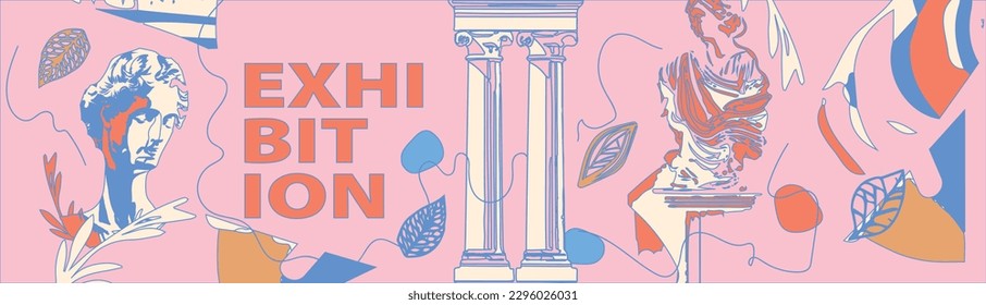 Exhibition, classics and antiquity. Art  Vector illustrations of abstract shapes, ancient greek column, ancient ruins, goddess sculpture and bust for background, flyer or poster modern print 
