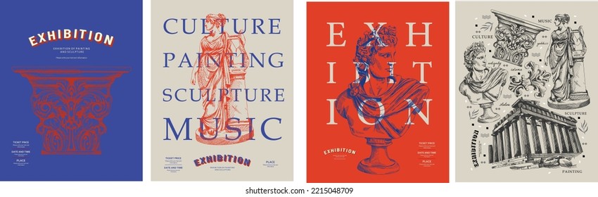 Exhibition, classics and antiquity. Vector illustrations of abstract shapes, ancient greek column, ancient ruins, goddess sculpture and bust for background, flyer or poster