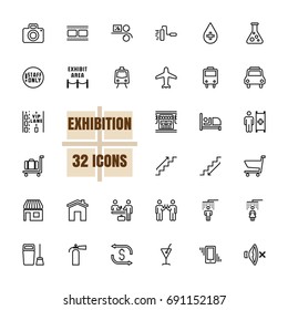 Exhibition Community vector illustration thin line 48x48 Pixel Perfect 32 icon set for business, advertising, technology, photograph, printing, movies, finance, reception, information. Editable Stroke