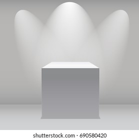 Exhibition Concept, White Empty Box, Stand with Illumination on Gray Background. Template for Your Content. 3d Vector Illustration EPS10