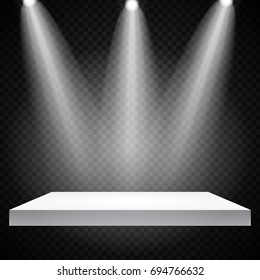 Exhibition Concept, White Empty Shelf  Stand with Illumination on Gray Background. Template for Your Content. 3d Vector Illustration EPS10
