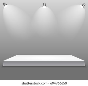 Exhibition Concept, White Empty Shelf  Stand with Illumination on Gray Background. Template for Your Content. 3d Vector Illustration EPS10