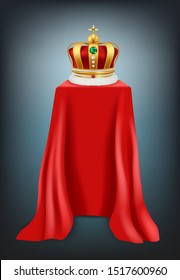 Exhibition crown. Podium covered with red silk textile luxury crown with jewelry presentation showcase vector realistic