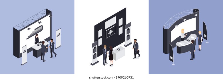 Exhibition design concept set of three square compositions with consultants standing near promotional expo stands isometric vector illustration