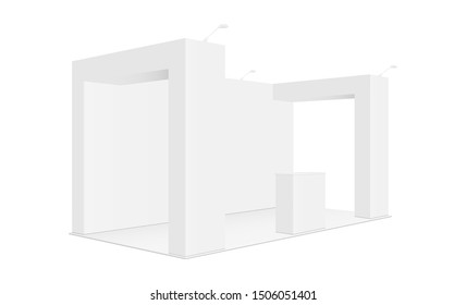 Exhibition display booth with columns and table - side view. Vector illustration