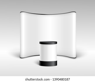 Exhibition display stand backdrop or pop up basic unit for trade show advertising banner with counter 3d realistic mockup vector illustration isolated on white background.