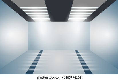 Exhibition empty 3D room with bright lighting. Presentation of cars, motorcycles, retro, valuables. Vector illustration for your business projects.