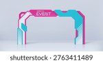 Exhibition event arch gate and modern entrance gateway portal frame, vector mockup. Event gate tall cyan pillars and bold magenta header slab for exhibition entrance gate to expo show welcome gateway
