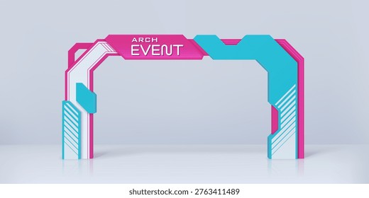 Exhibition event arch gate and modern entrance gateway portal frame, vector mockup. Event gate tall cyan pillars and bold magenta header slab for exhibition entrance gate to expo show welcome gateway