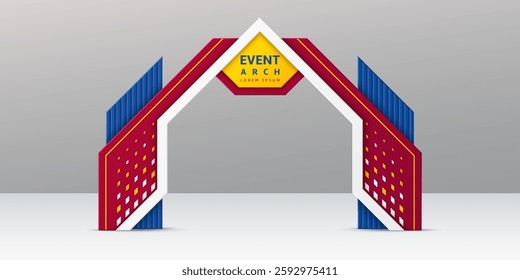 Exhibition event arch. Realistic 3d vector stylish structure for trade show and corporate event. Entrance or entry, modern arc gate frame render mockup with red, yellow and blue architectural elements