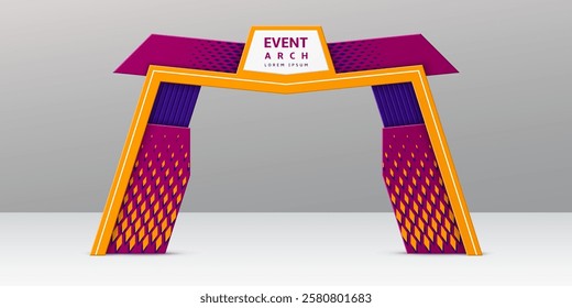 Exhibition event geometric arch. Realistic 3d vector entrance or entry, modern arc gate frame featuring a bold violet, purple and orange color scheme with rhombus patterns and central signage area