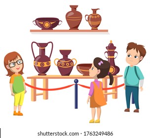 Exhibition with exponents vector, back to school concept, kids looking at shelves with amphoras and pots. Historical items, ancient vases and urns, boy and girls classmates. Flat cartoon children