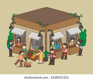 Exhibition, Fair, Festival, Farmers market, shopping Community, Customers and sellers, fresh vegetables, organic products. People at outdoor marketplace panorama. Flat vector illustration