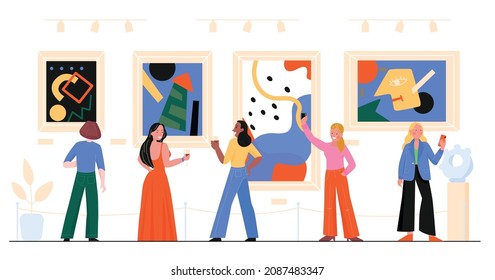 Exhibition flat background with visitors viewing modern exhibits and making selphie at abstract pictures hanging on gallery wall vector illustration