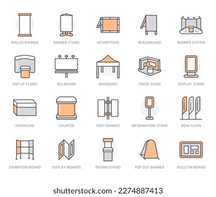 Exhibition flat line icons set. Trade show banner, display, expo booth, billboard, promo stand, counter vector illustrations. Outline signs for advertising. Orange color. Editable Stroke