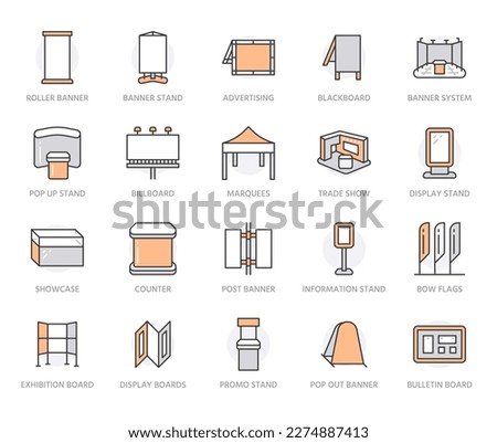 Exhibition flat line icons set. Trade show banner, display, expo booth, billboard, promo stand, counter vector illustrations. Outline signs for advertising. Orange color. Editable Stroke