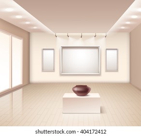 Exhibition gallery interior with brown vase on pedestal decorative wall frames and illumination at ceiling vector illustration 