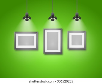 Exhibition green wall interior with blank frames illuminated with spotlights. Realistic 3d vector illustration