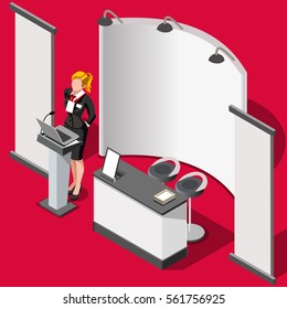 Exhibition hall booth stall signage stand woman demo promotion desk roll up display panel. 3D Isometric People icon set. Creative design vector illustration 3D booth background collection