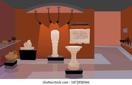 Exhibition hall, museum flat vector illustration. Precious antiques showcase, historical showpieces exposition. Old pottery, headless marble sculpture and stone plate with ancient language carving