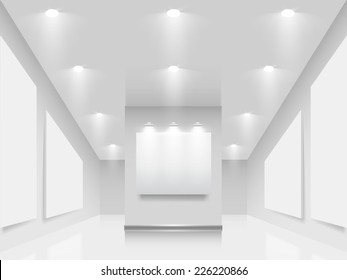 Exhibition hall with white frames on the wall, illuminated by floodlights. Part of set. Vector interiors.