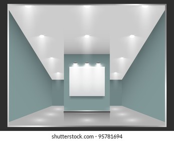 Exhibition hall with white frames on the wall, illuminated by floodlights. Part of set. Vector interiors.