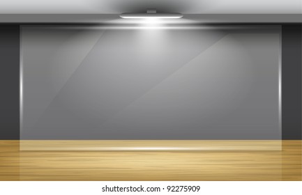 Exhibition hall with wooden floor and glass frame in middle of the room, illuminated by searchlights. Part of set. Vector interiors.