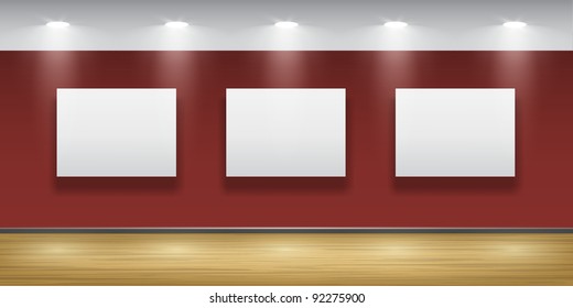 Exhibition hall with wooden floor and the three frames on the wall, illuminated by floodlights. Part of set. Vector interiors.