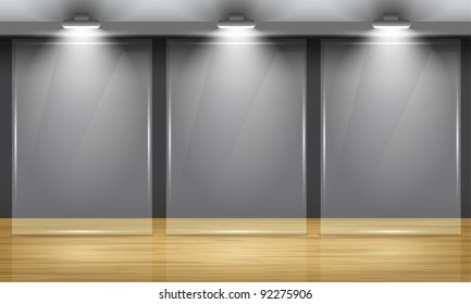 Exhibition hall with wooden floor and the three glass frame in middle of the room, illuminated by searchlights. Part of set. Vector interiors.