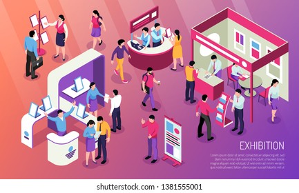 Ilustración horizontal de la exposición con visitantes que observan los productos anunciados y los personajes consultivos en los stands de ilustración isométrica vectorial