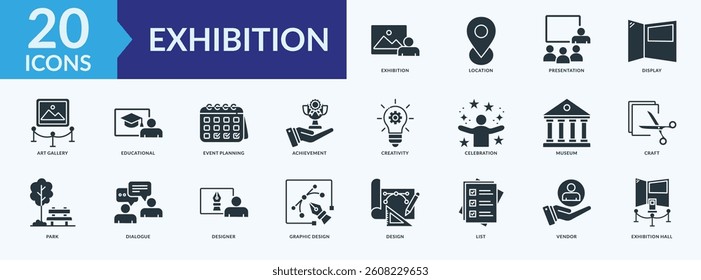 Exhibition icon collection set with art gallery, graphic design, event planning, exhibition hall, museum
