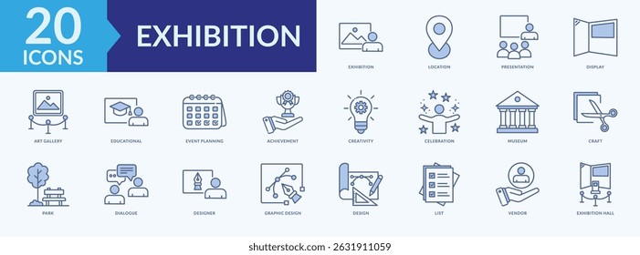 Exhibition icon collection set with art gallery, graphic design, event planning, exhibition hall, museum